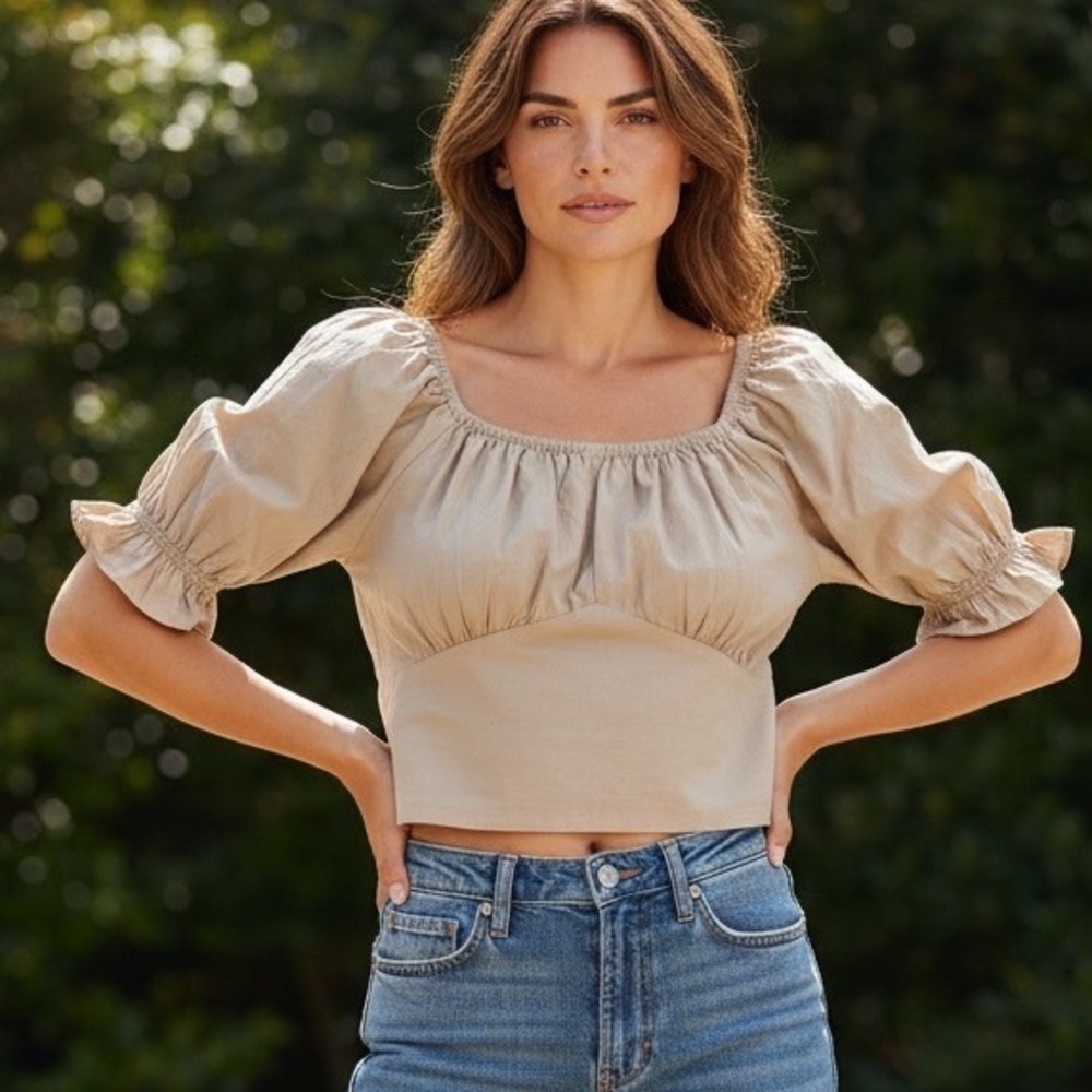 Sim & Sam Beigeโ Cotton Smocked Back Crop Top Cottagecore Prairie Peasant Desert